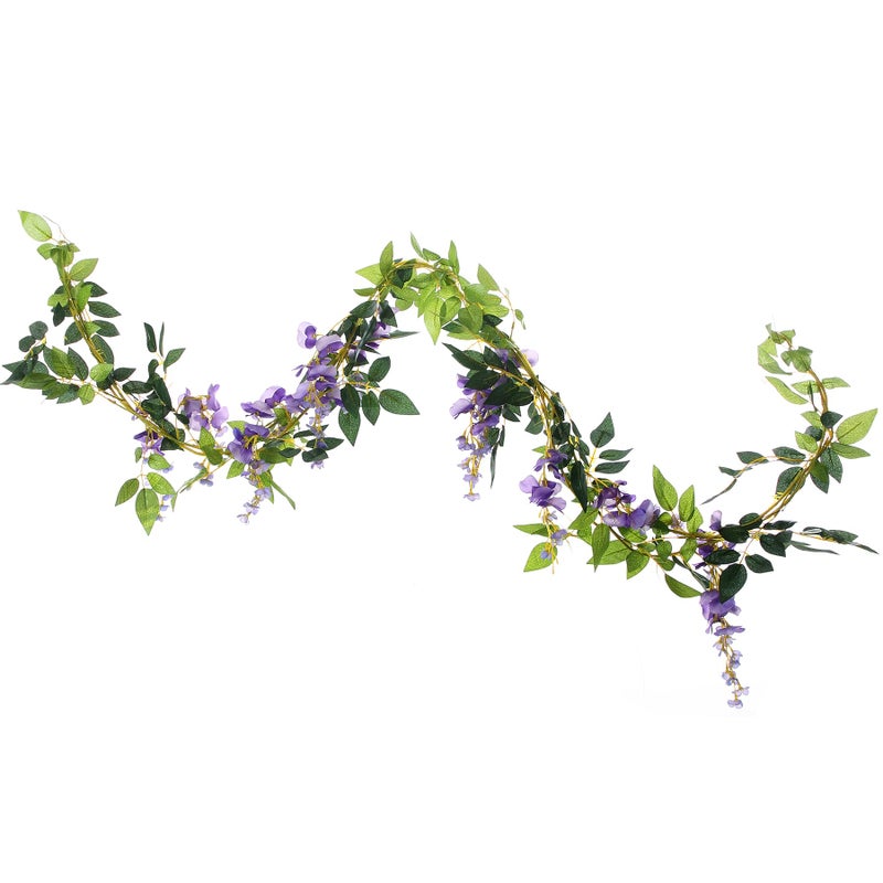 UUPP 2Pcs 6.6Ft Artificial Flowers Vines Silk Wisteria Artificial Garlands Fake Hanging Green Leaf Flower Ivy Vines for Home Garden Wedding Arch Decor, Purple - Image 1